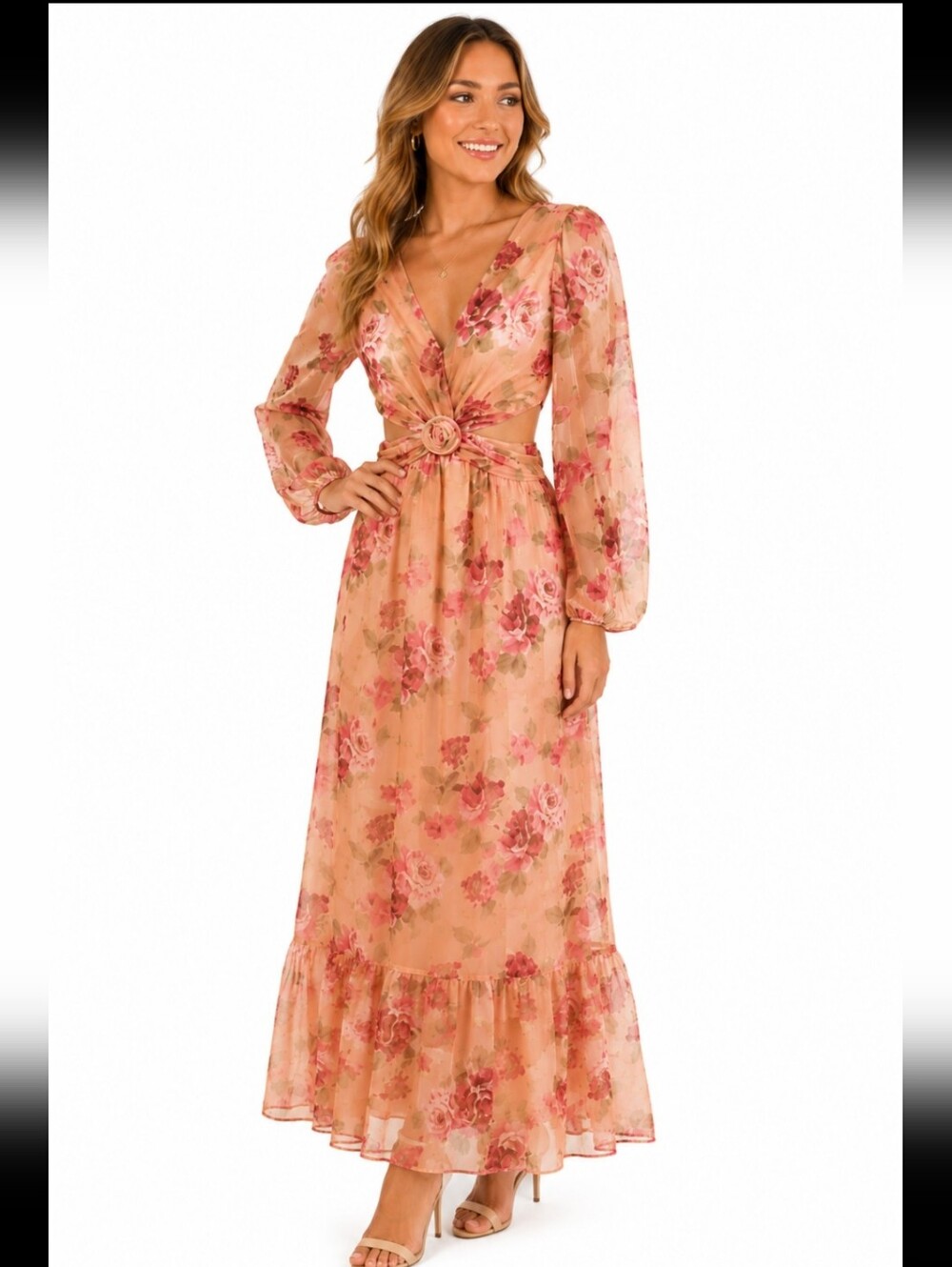 NWT RAHI Floral Cutout Maxi Dress Peach Sheer Metallic Bell Sleeve Boho, Fairy L